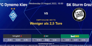 Vorhersage zur Champions League Dynamo Kiew - Sturm Graz: 03 August 2022
