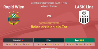 Vorhersage zur Admiral Bundesliga Rapid Wien - LASK Linz: 06 November 2022