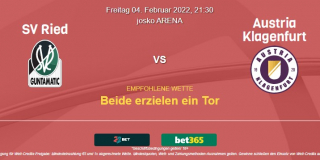 Vorhersage zum ÖFB-Cup Viertelfinale SV Ried - Austria Klagenfurt: 04 Februar 2022